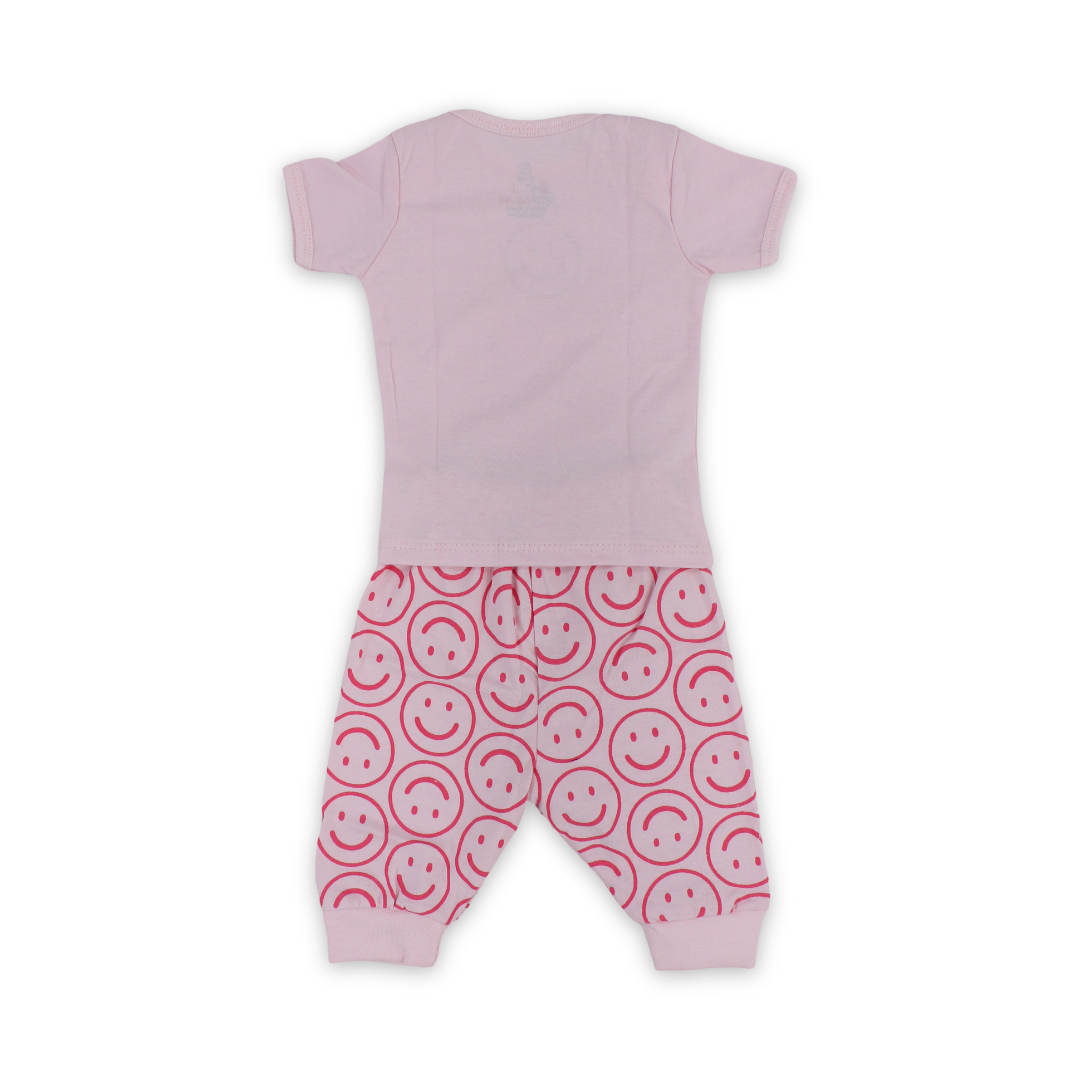 Baby Girls Cotton Pajama – Pink with Smile Faces Print