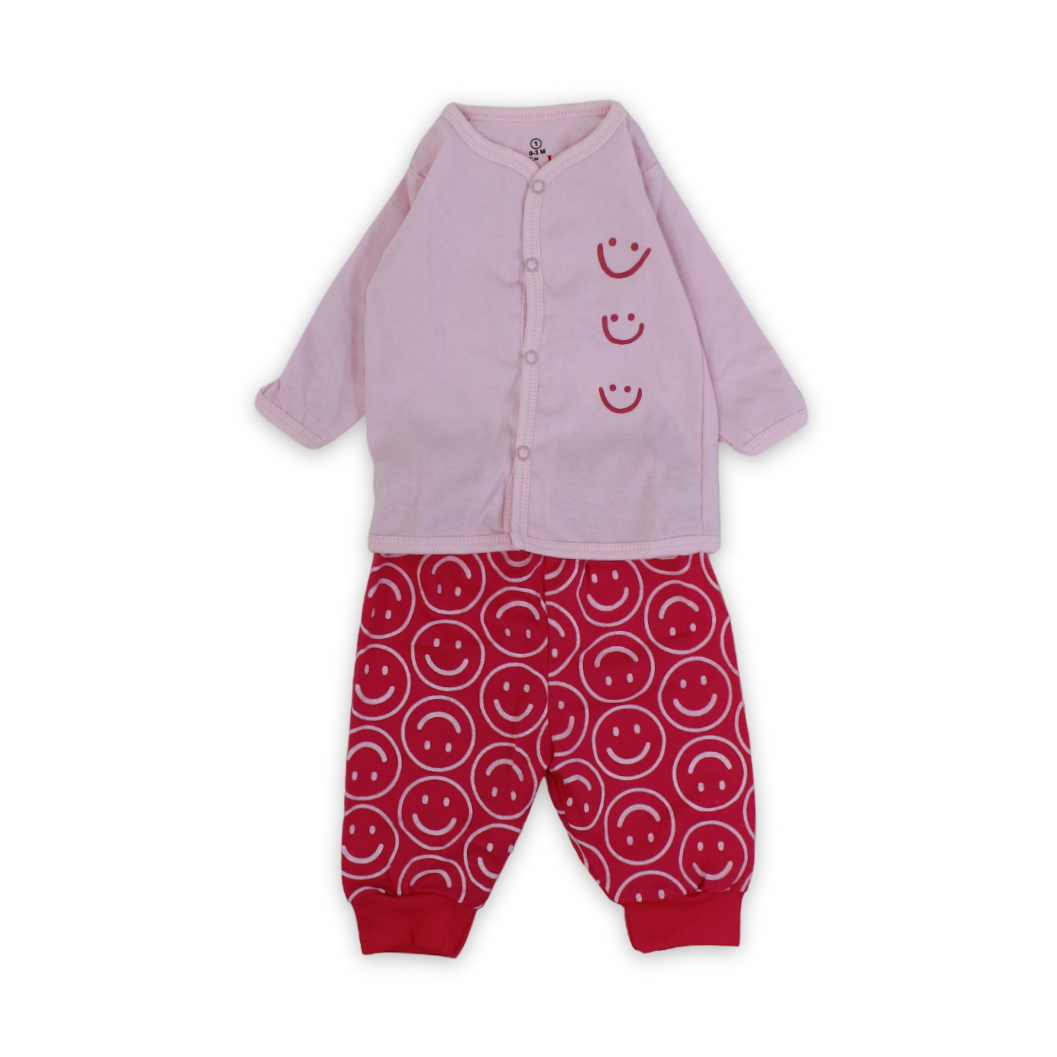Baby Girls Cotton Pajama – Pink with Smile Faces Print - Clothing - JOKY