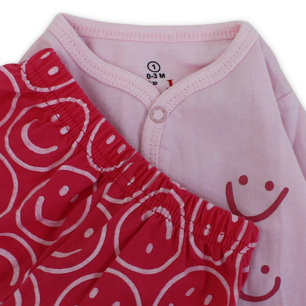 Baby Girls Cotton Pajama – Pink with Smile Faces Print