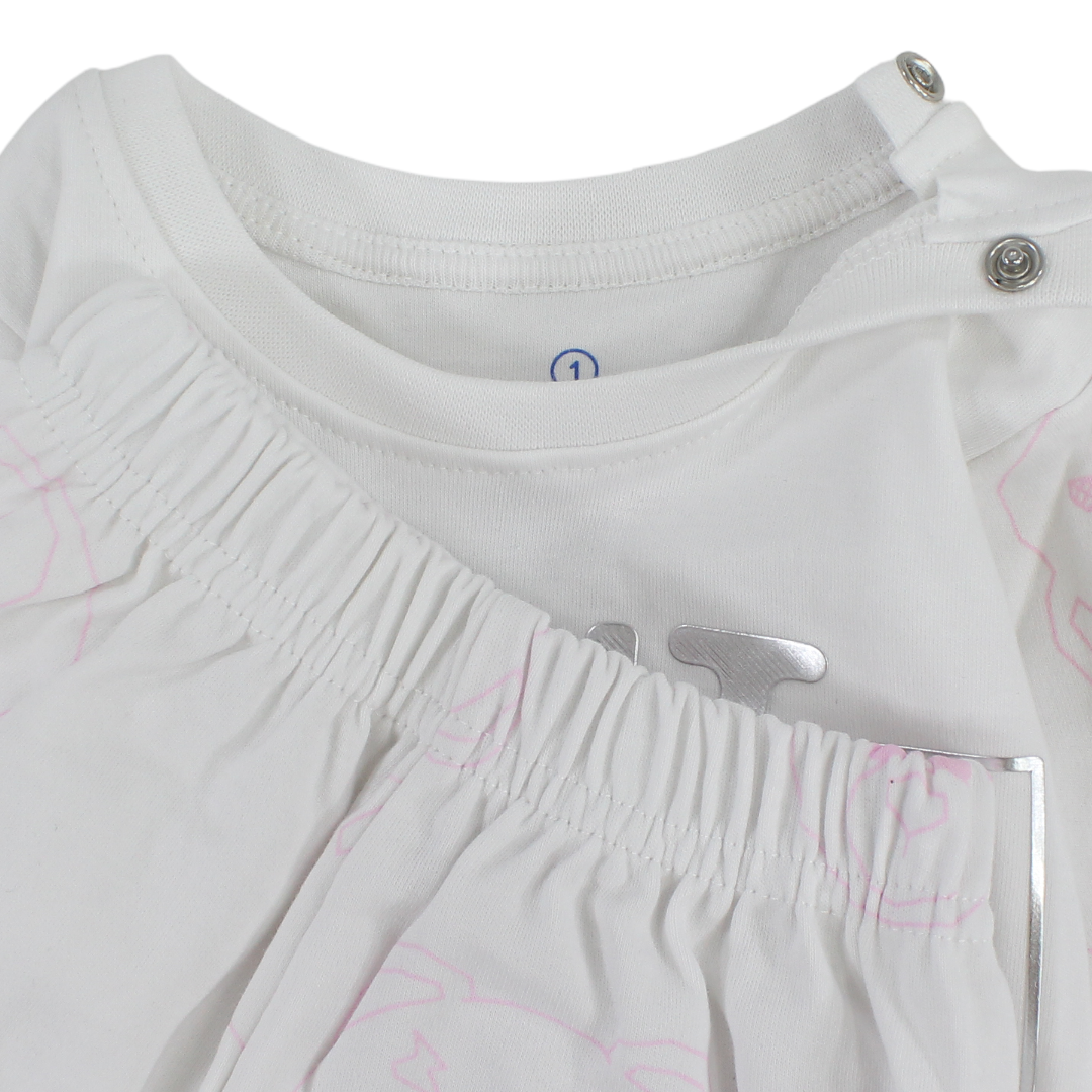Baby Girls Cotton Pajama – White with Teddy Bear Print