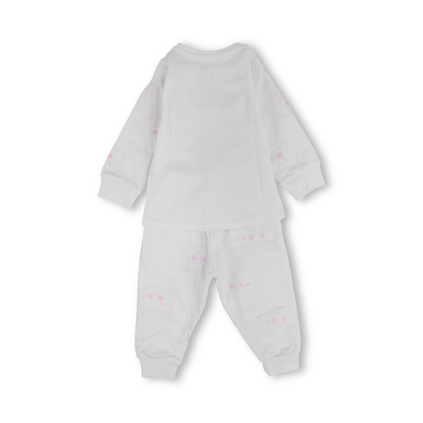 Baby Girls Cotton Pajama – White with Teddy Bear Print