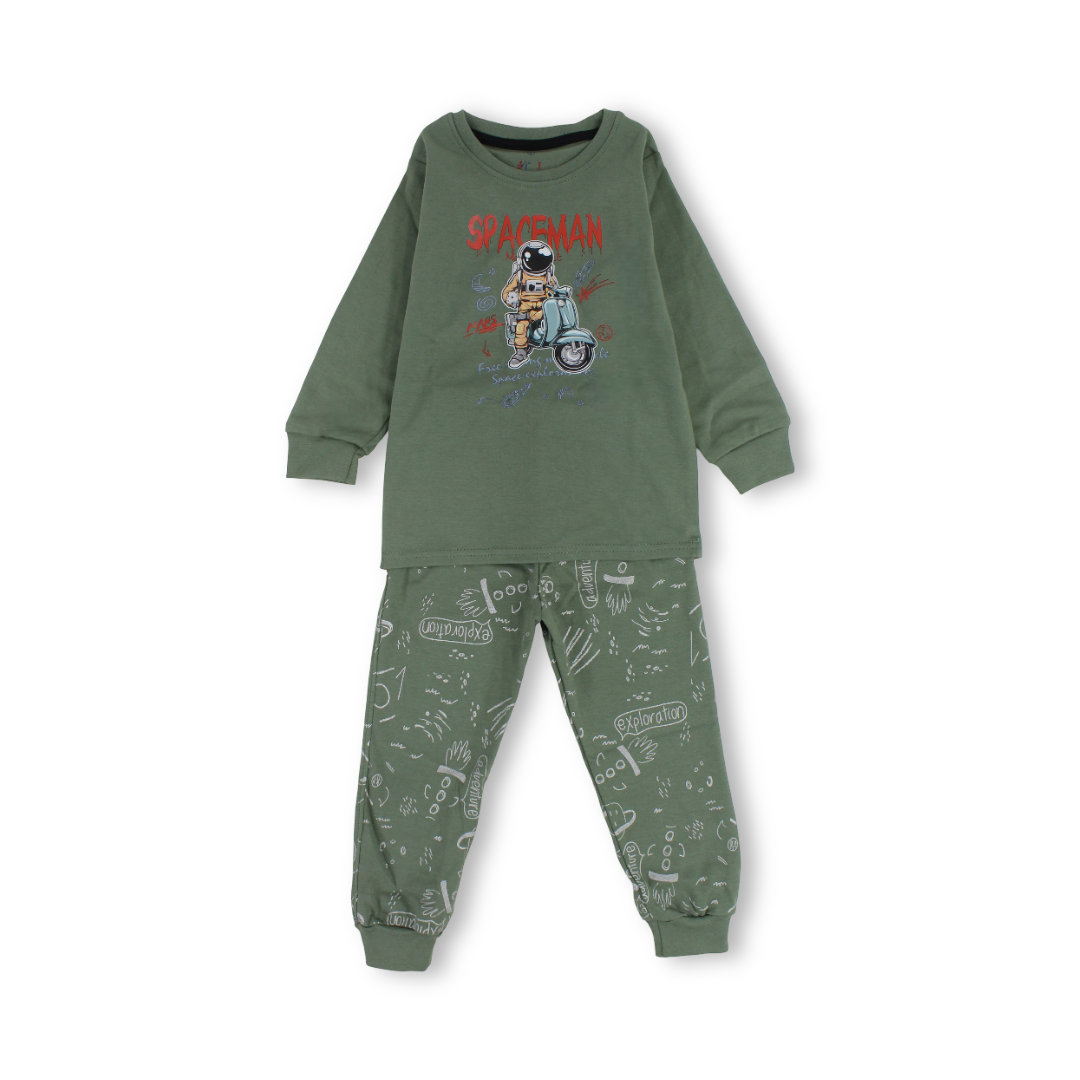 Boys Cotton Long-Sleeved Pajama – Olive with Space Man Print