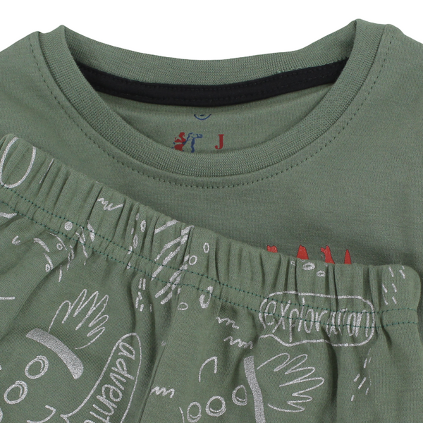Boys Cotton Long-Sleeved Pajama – Olive with Space Man Print