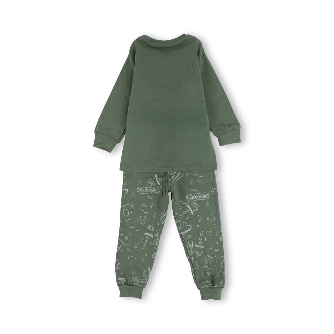 Boys Cotton Long-Sleeved Pajama – Olive with Space Man Print