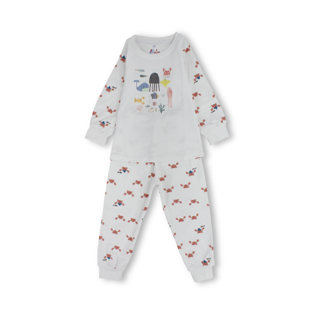 Unisex Cotton Long-Sleeved Pajama – White with Marine Life Print