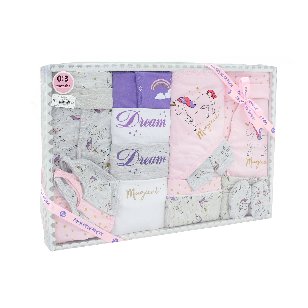 Baby Girls Cotton Gift Clothes Box – Pink & Grey with Unicorn Print 0-3m (20 Pcs)