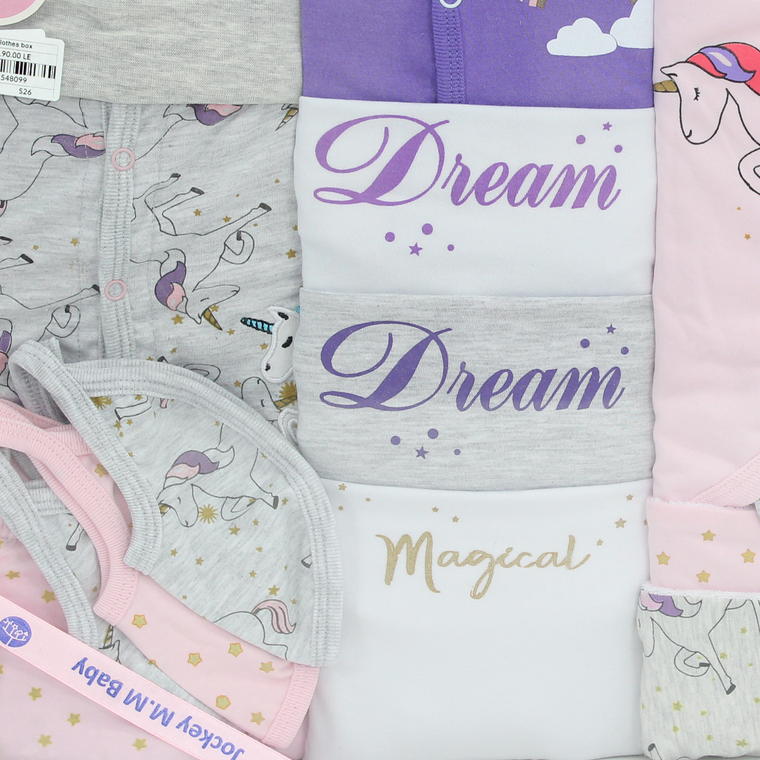 Baby Girls Cotton Gift Clothes Box – Pink & Grey with Unicorn Print 0-3m (20 Pcs)