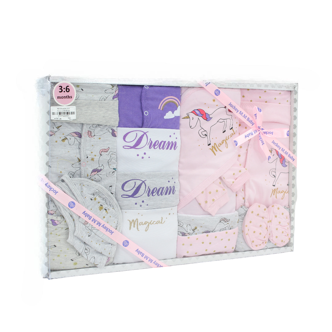 Baby Girls Cotton Gift Clothes Box – Pink & Grey with Unicorn Print 3-6m (20 Pcs) - JOKY