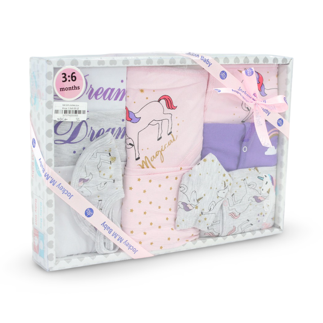 Baby Girls Cotton Gift Clothes Box – Pink & Grey with Unicorn Print 3-6m (10 Pcs)