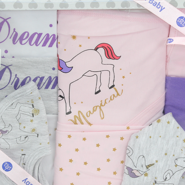 Baby Girls Cotton Gift Clothes Box – Pink & Grey with Unicorn Print 3-6m (10 Pcs)