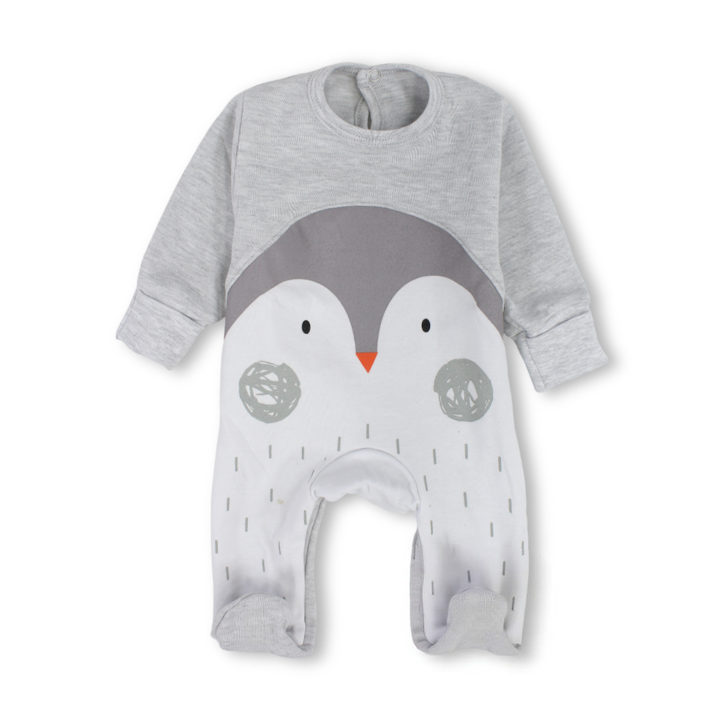 Baby Boys Cotton Baby Footie – Grey with Penguin Print