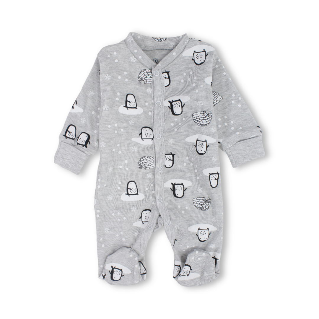 Baby Boys Cotton Baby Footie Onesie – Grey with Penguin Print