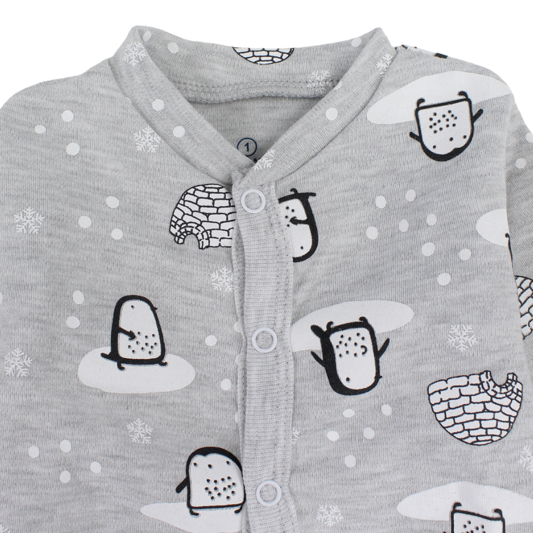 Baby Boys Cotton Baby Footie Onesie – Grey with Penguin Print