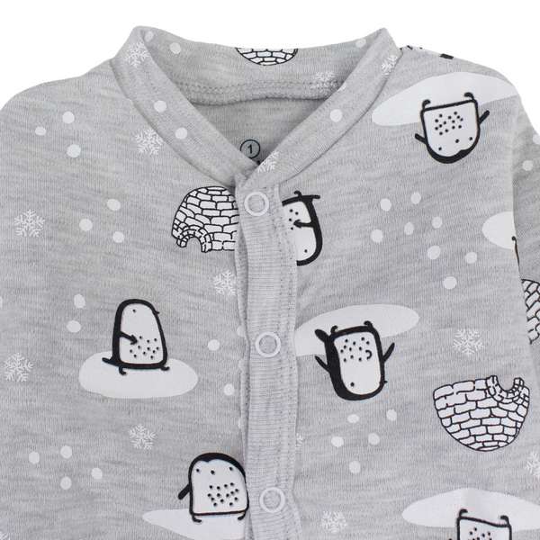 Baby Boys Cotton Baby Footie Onesie – Grey with Penguin Print