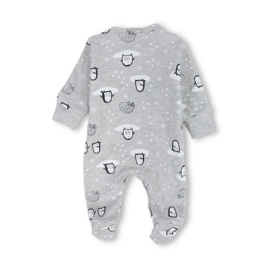 Baby Boys Cotton Baby Footie Onesie – Grey with Penguin Print