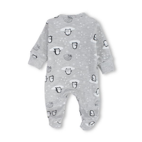 Baby Boys Cotton Baby Footie Onesie – Grey with Penguin Print