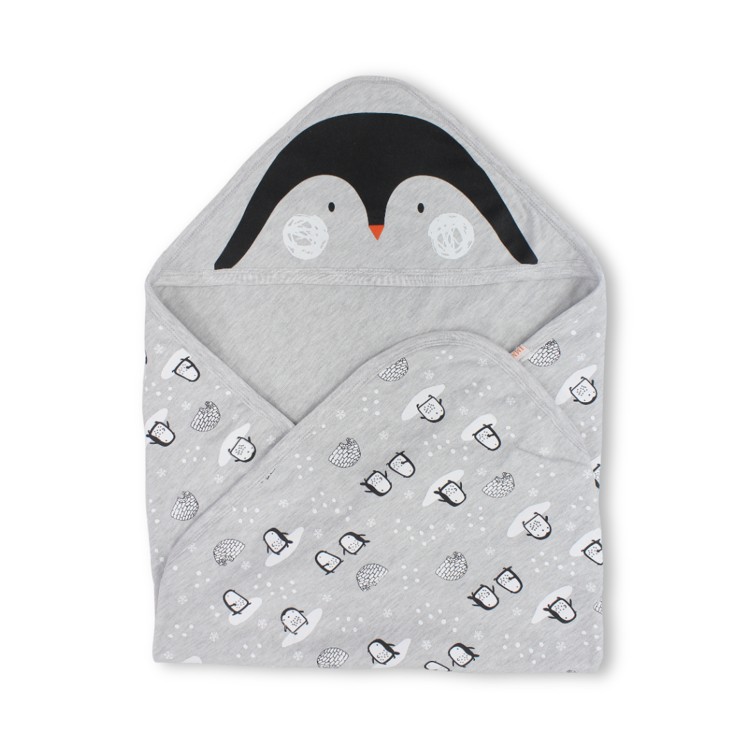 Cotton Baby Blanket – Grey with Penguin Print