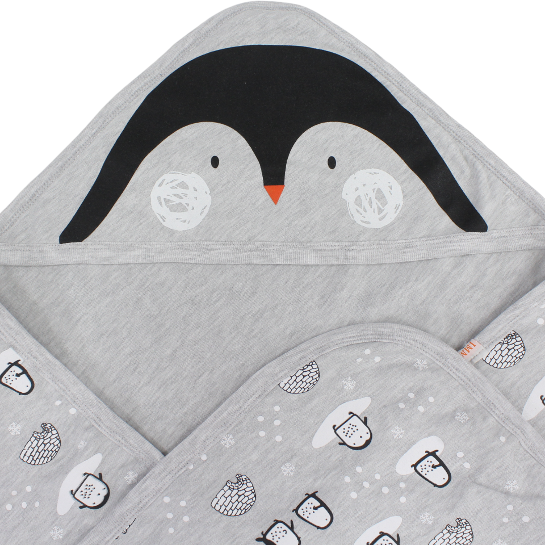 Cotton Baby Blanket – Grey with Penguin Print