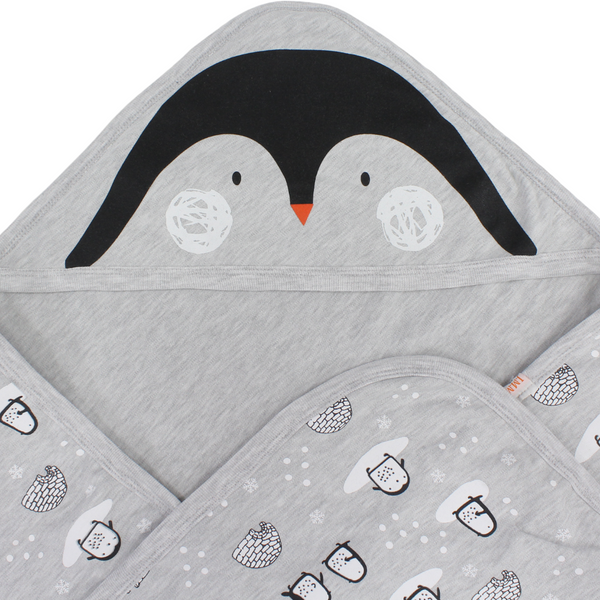 Cotton Baby Blanket – Grey with Penguin Print