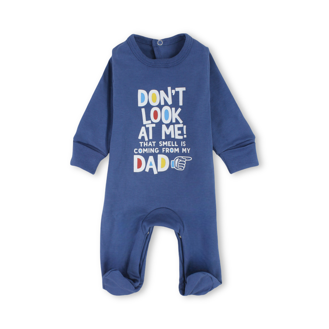 Baby Boys Cotton Baby Footie – "Don’t Look At Me" Print