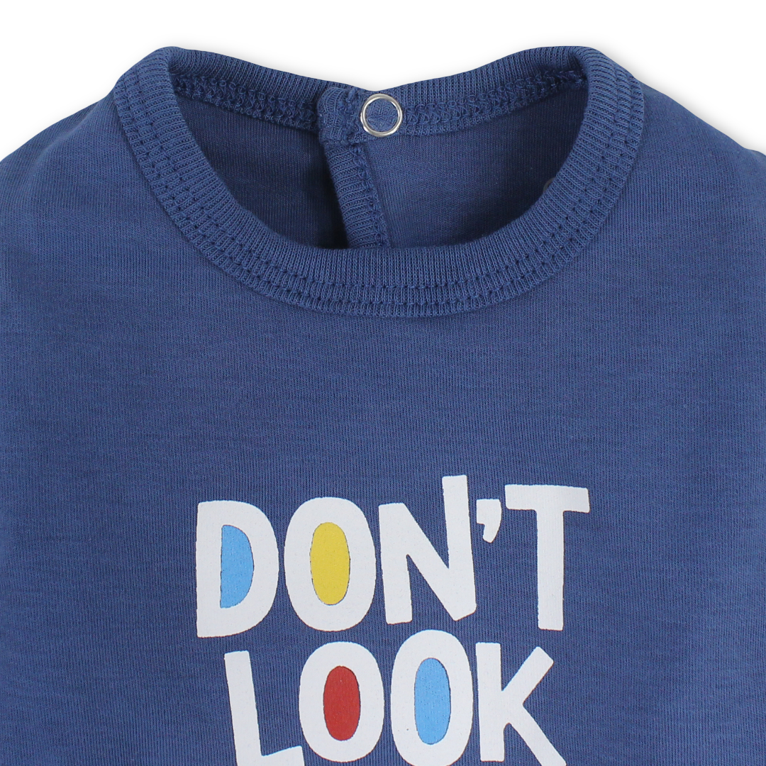 Baby Boys Cotton Baby Footie – "Don’t Look At Me" Print