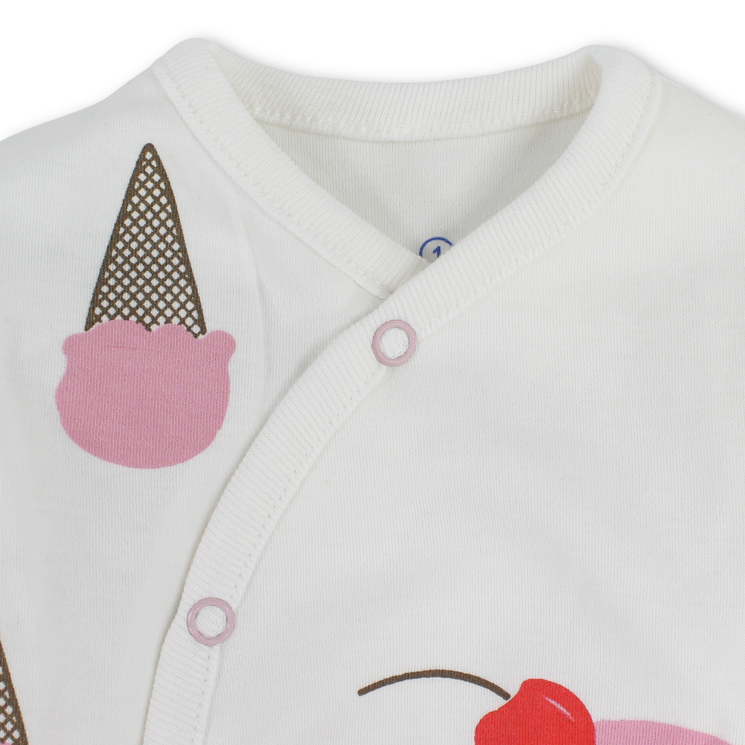 Baby Girls Cotton Baby Footie – Off-White with "Ice Cream" Print