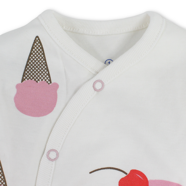 Baby Girls Cotton Baby Footie – Off-White with "Ice Cream" Print