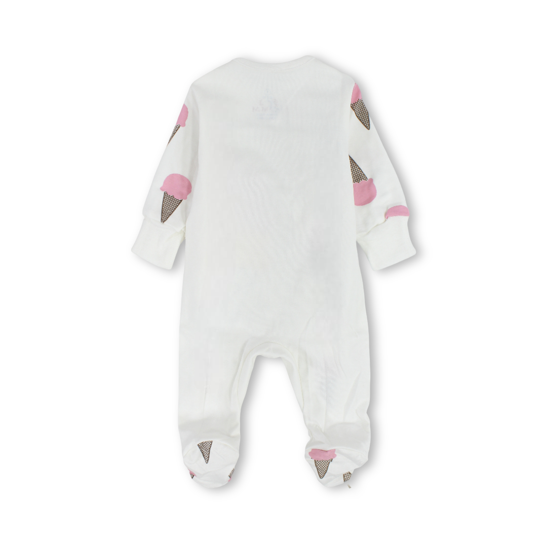 Baby Girls Cotton Baby Footie – Off-White with "Ice Cream" Print