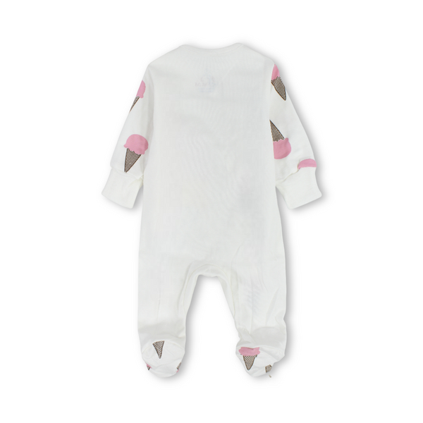 Baby Girls Cotton Baby Footie – Off-White with "Ice Cream" Print