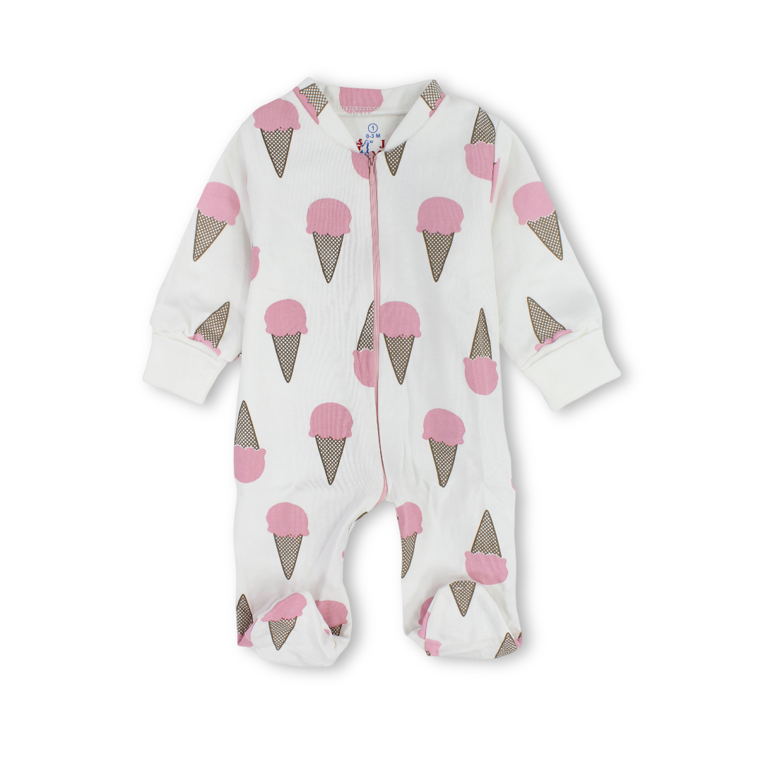 Baby Girls Cotton Baby Footie – Off-White with "Ice Cream" Print