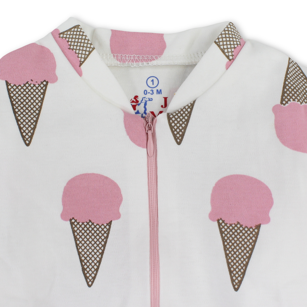 Baby Girls Cotton Baby Footie – Off-White with "Ice Cream" Print