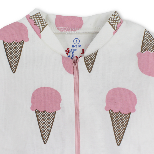 Baby Girls Cotton Baby Footie – Off-White with "Ice Cream" Print