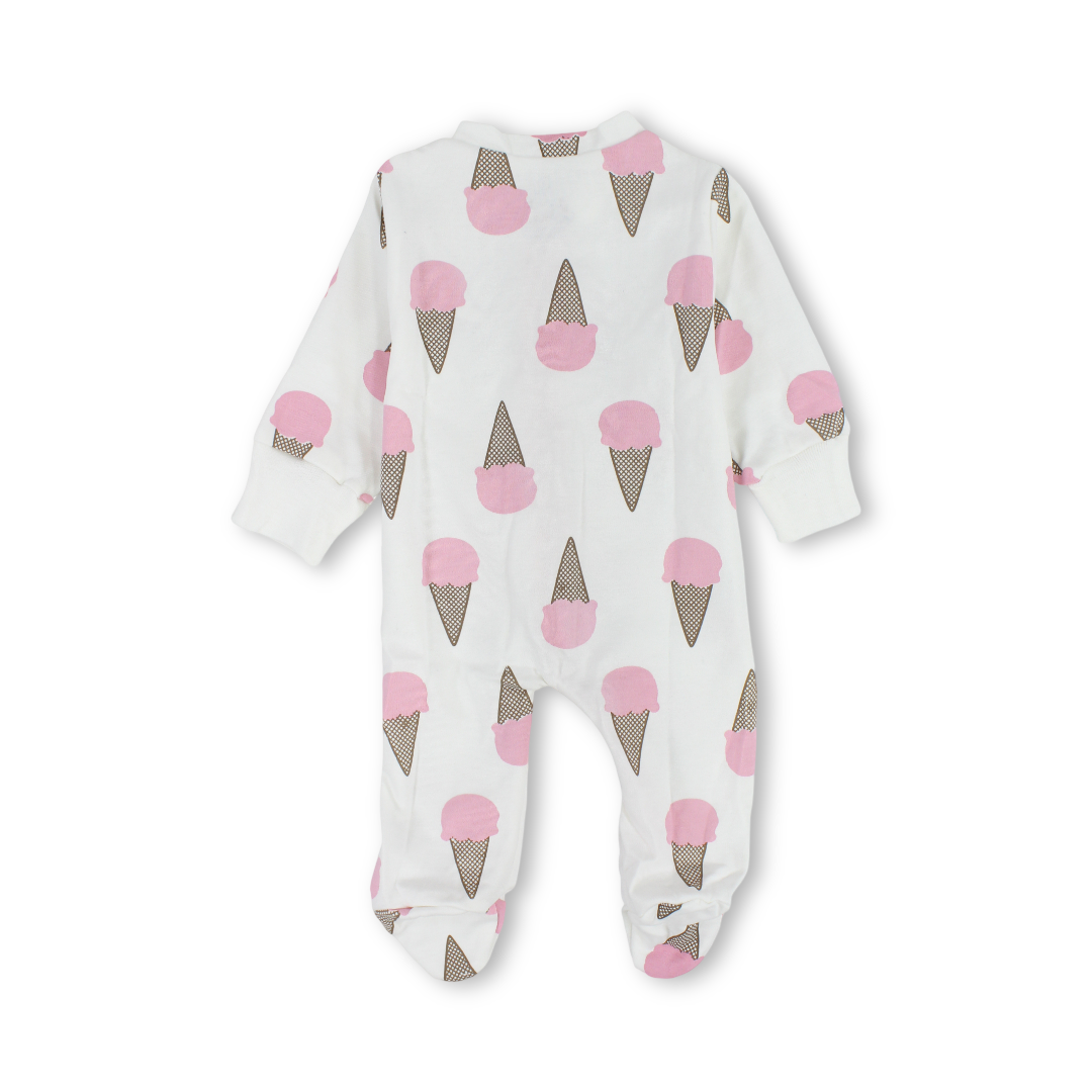 Baby Girls Cotton Baby Footie – Off-White with "Ice Cream" Print