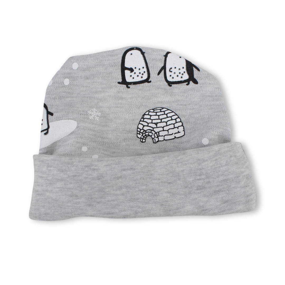 Baby Boys Cotton Beanie – Grey with Penguin Print