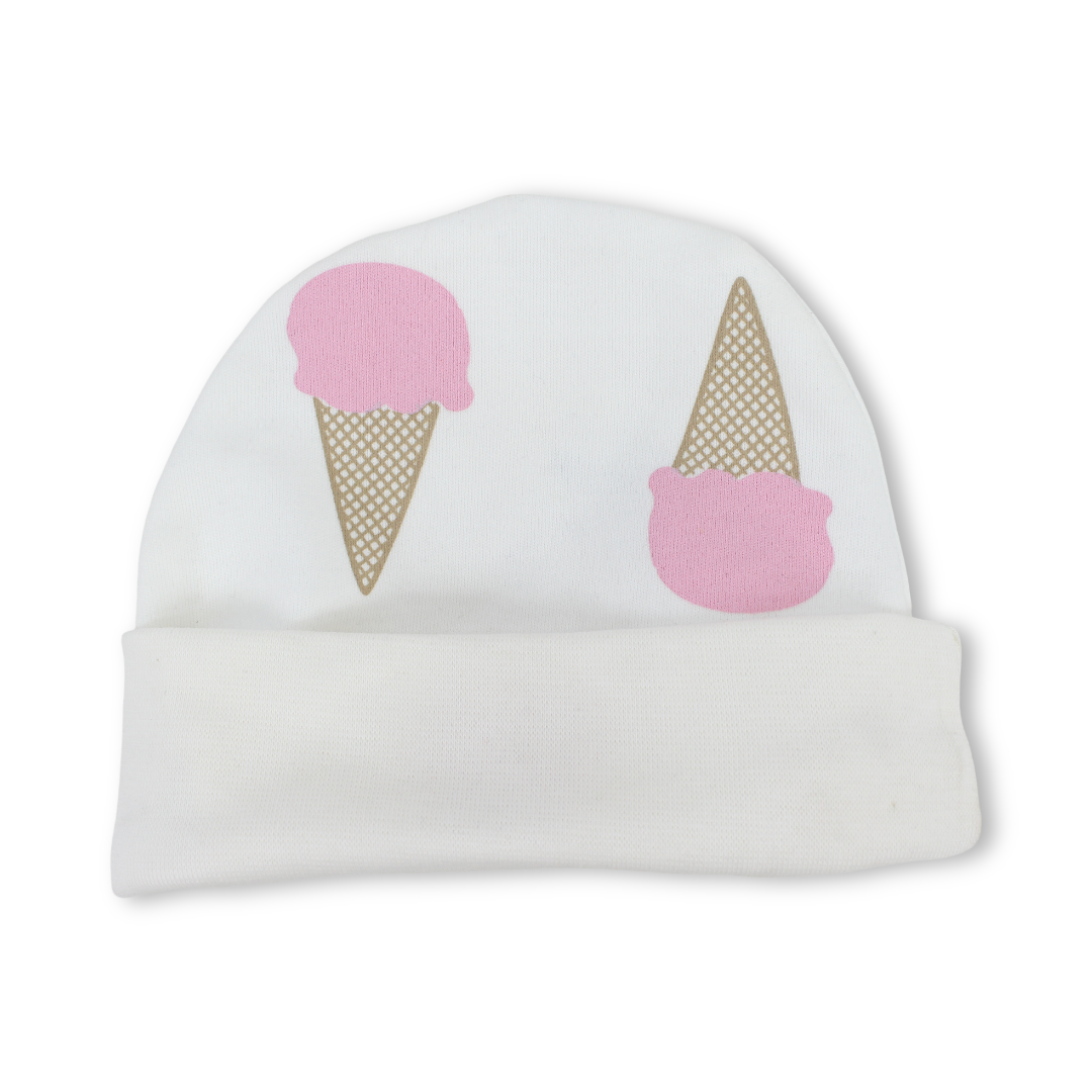 Baby Girls Cotton Beanie – White with Ice Cream Print