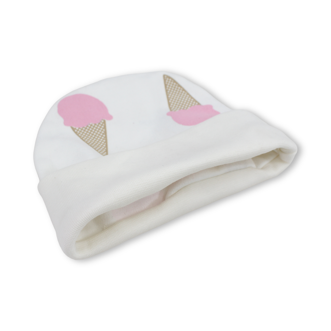 Baby Girls Cotton Beanie – White with Ice Cream Print