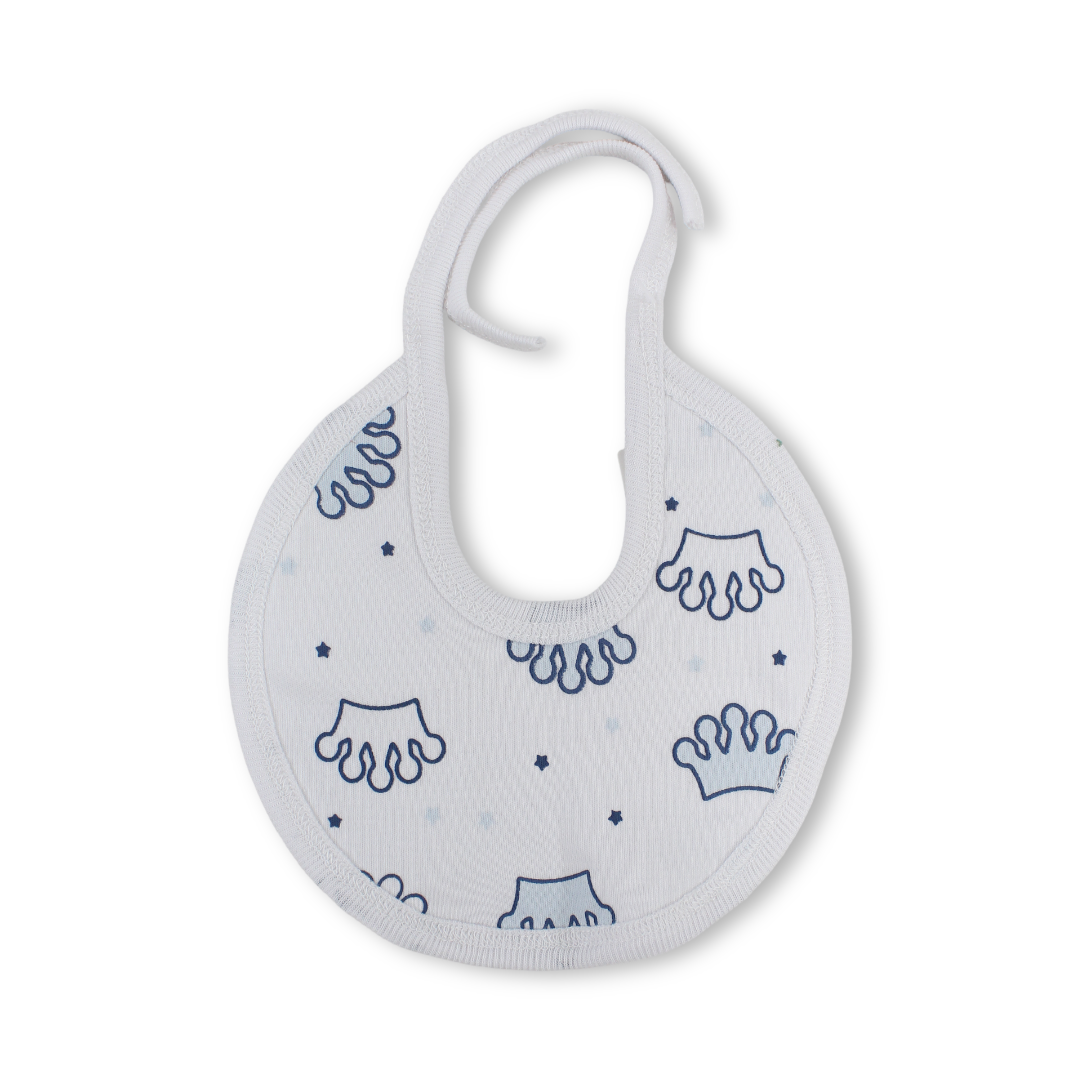 Cotton Baby Bib – White with Crown Print