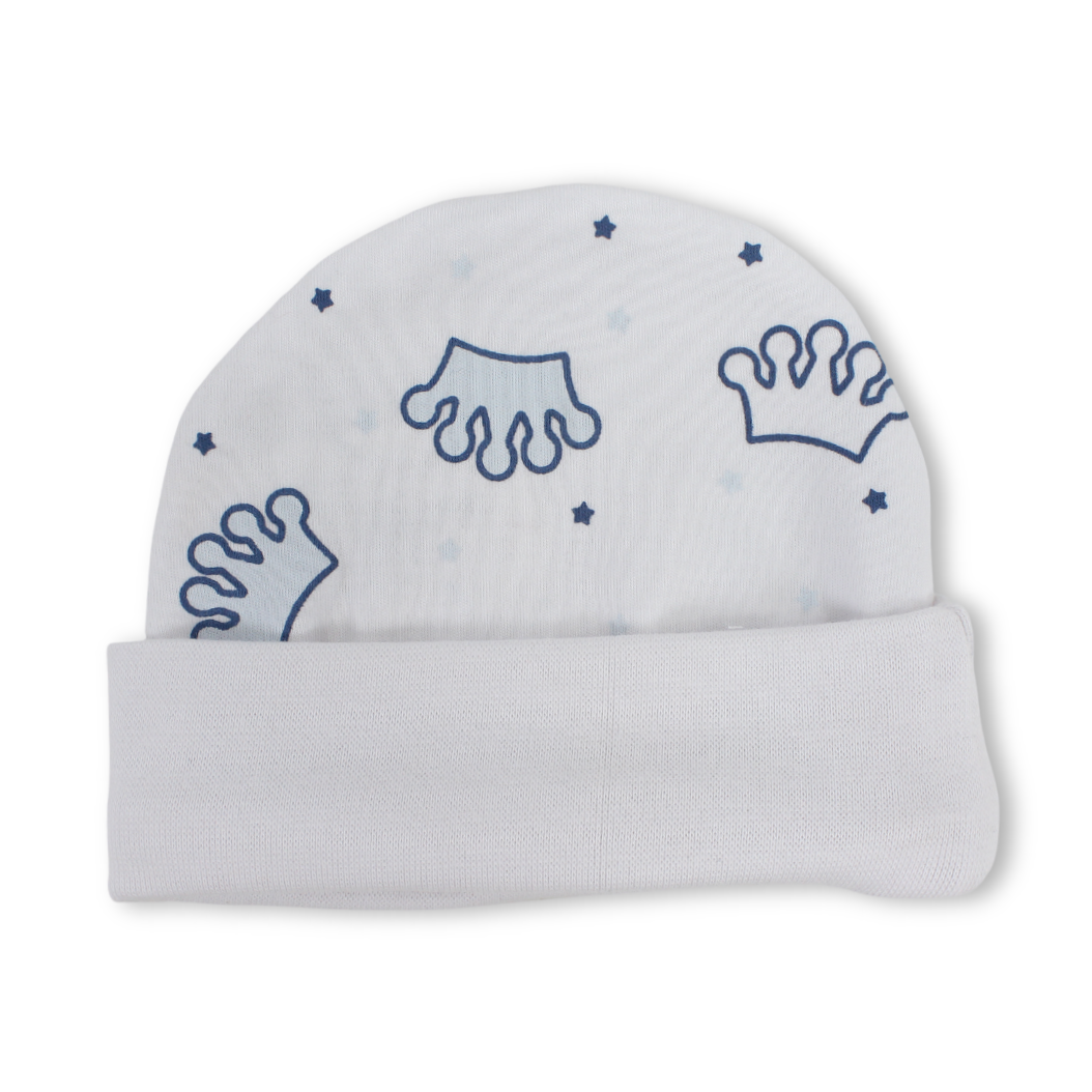 Baby Boys Cotton Beanie – White with Crown Print