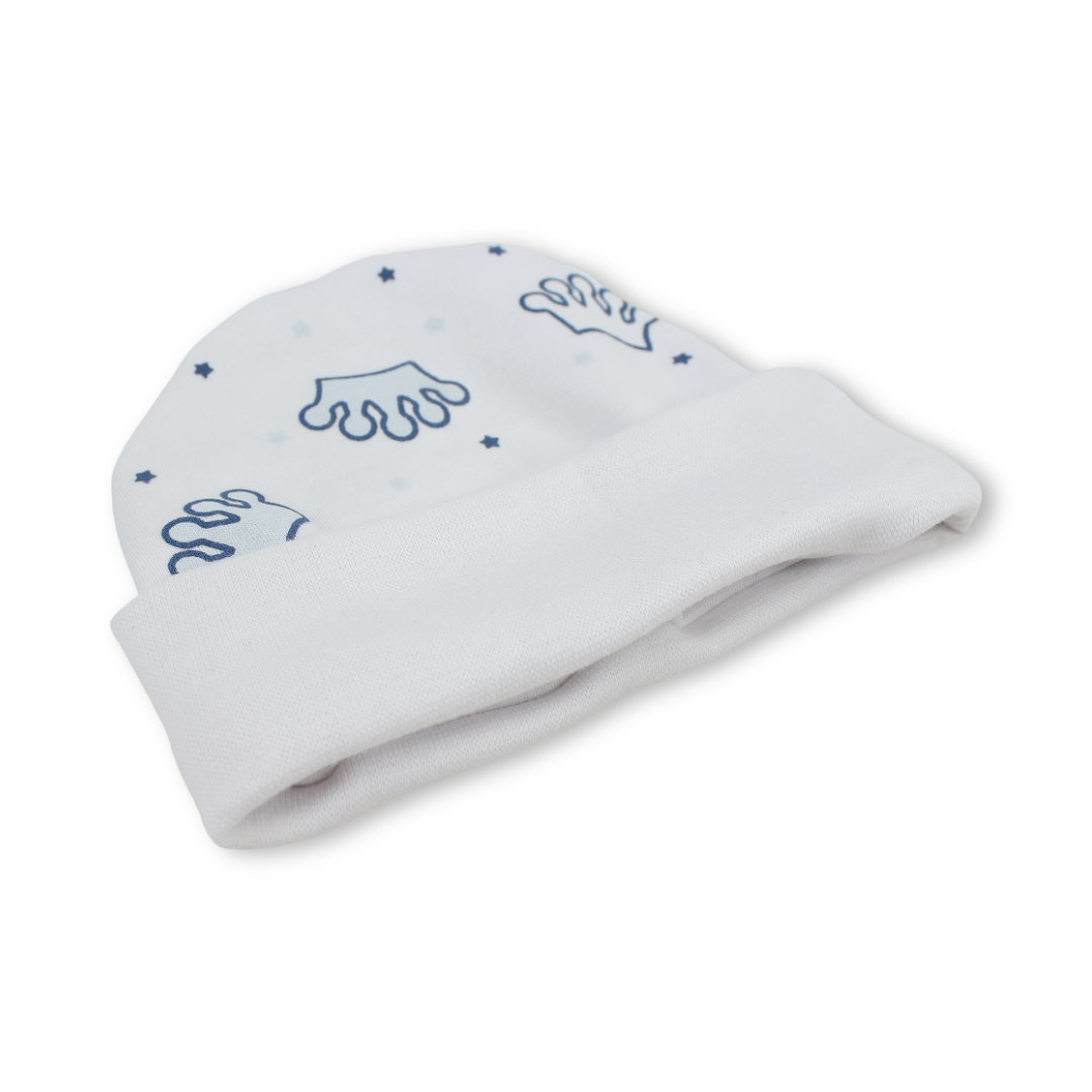 Baby Boys Cotton Beanie – White with Crown Print