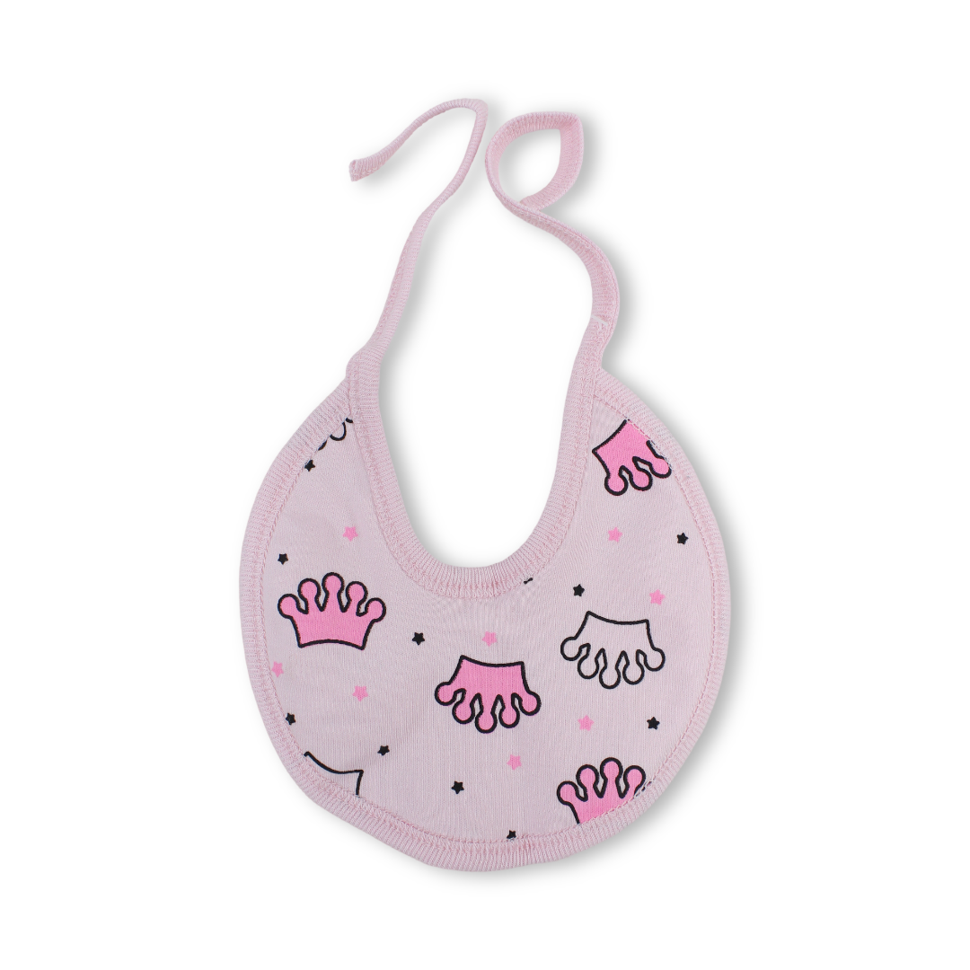 Cotton Baby Bib – Pink with Crown Print