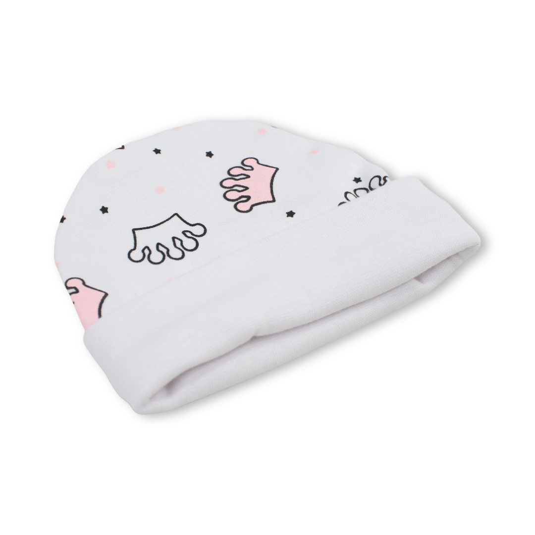 Baby Girls Cotton Beanie – White with Crown Print