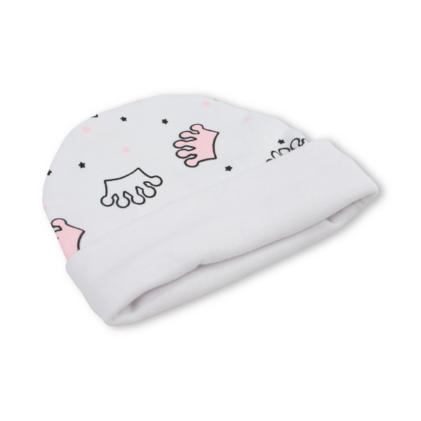 Baby Girls Cotton Beanie – White with Crown Print