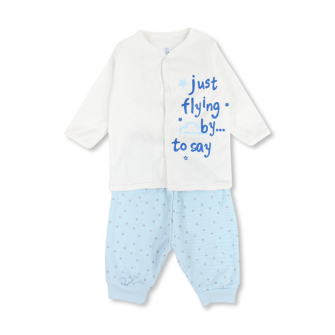 Baby Boys Cotton Pajama – White with "Just Flying by to Say" Print
