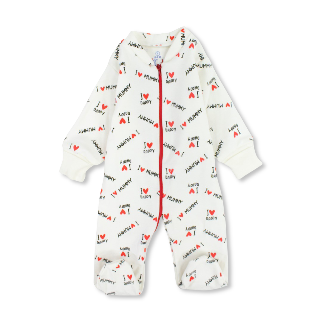Unisex Baby Cotton Baby Footie – Off-White with "I love Mummy & Daddy" Print