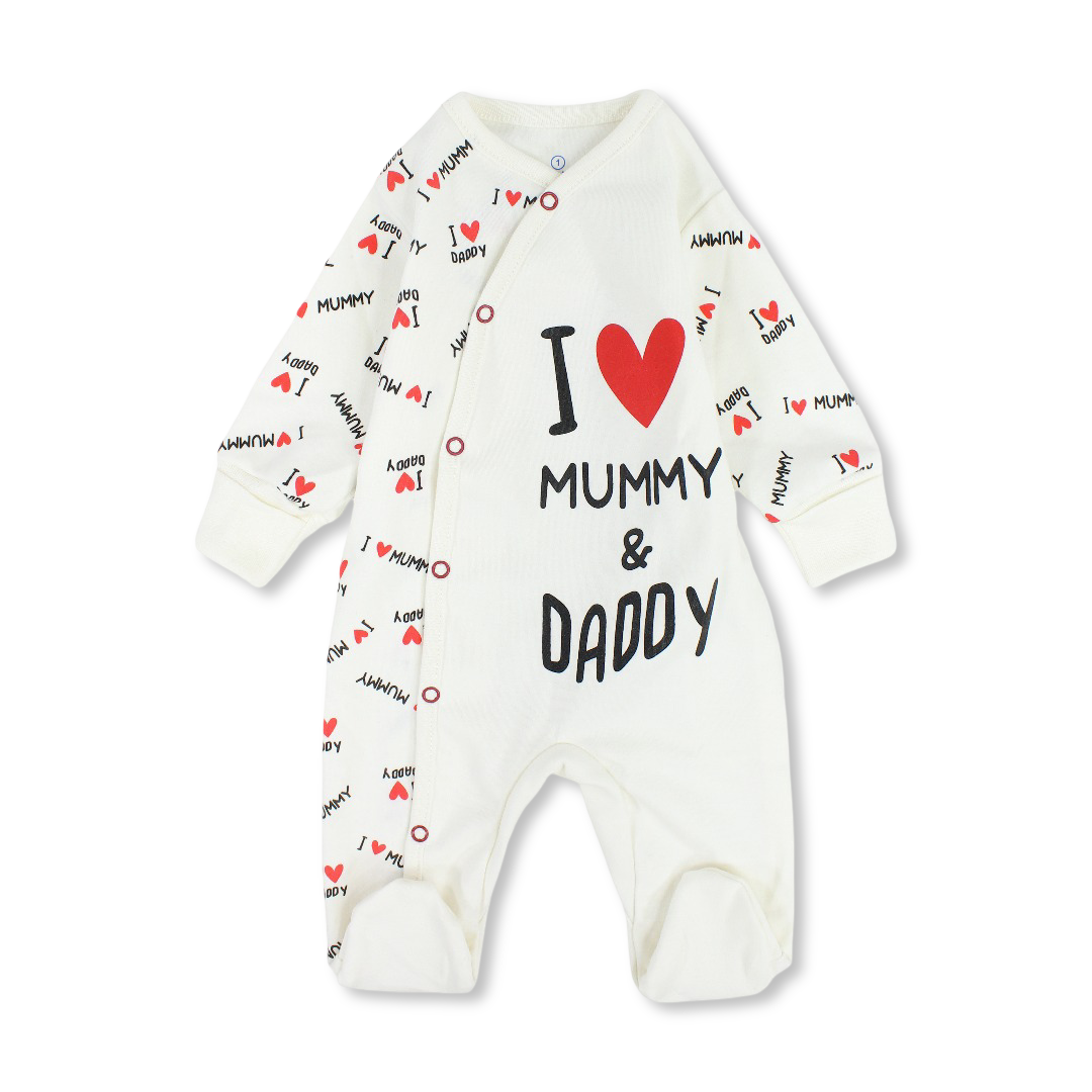 Unisex Baby Cotton Baby Footie – Off-White with "I love Mummy & Daddy" Print