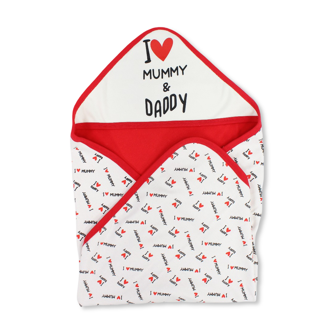 Cotton Baby Blanket – Off-White * Red with "I love Mummy & Daddy" Print