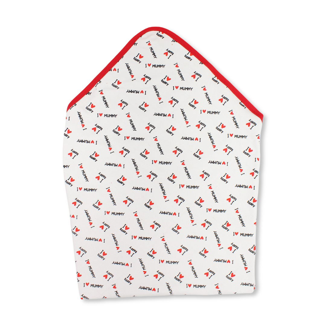 Cotton Baby Blanket – Off-White * Red with "I love Mummy & Daddy" Print