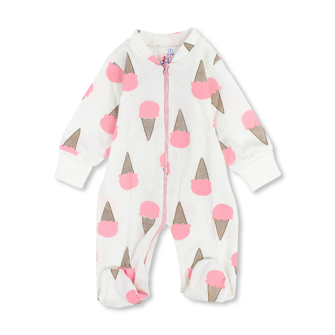 Baby Girls Cotton Baby Footie Onesie – Off-White with Ice Cream Print - Clothing - JOKY