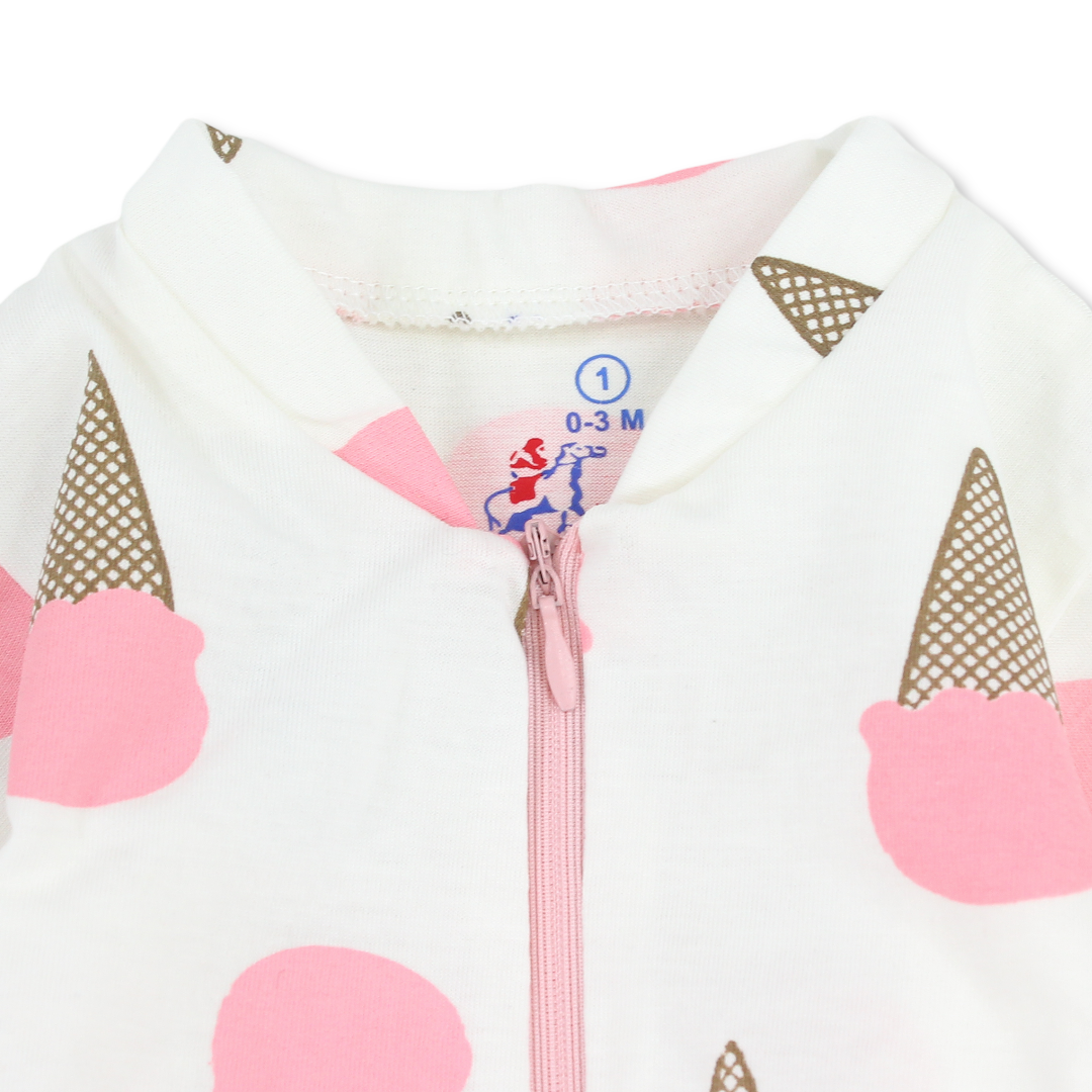 Baby Girls Cotton Baby Footie Onesie – Off-White with Ice Cream Print