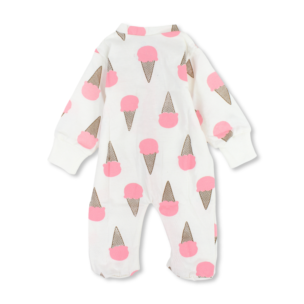 Baby Girls Cotton Baby Footie Onesie – Off-White with Ice Cream Print